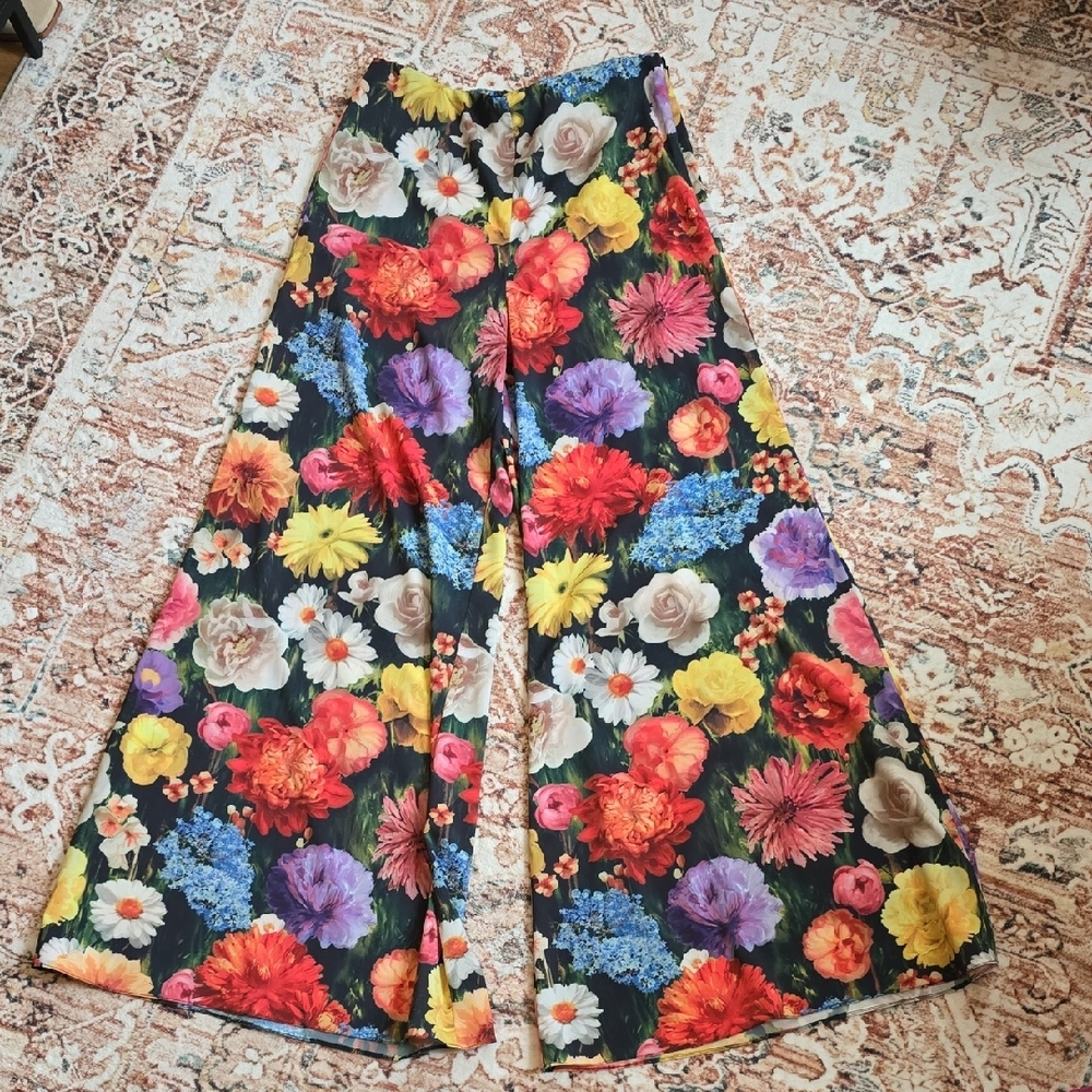Alice + Olivia Floral Wide Leg Pants - Multicolor on Black - Picture 2 of 5